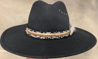 Image 1 of Black Fedora Hat Rope/Satan Print and Feather Band