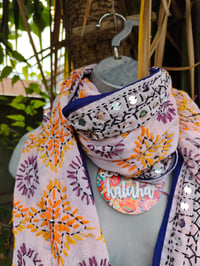 Image 3 of Thassos scarf -white with navy blue trim -autumnal colours