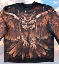 Image 4 of “GREATEST HORNED OWL” CUSTOM BLEACH PAINTES PULLOVER SWEATER XL