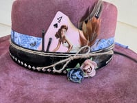 Image 4 of Handmade Torch Burned Wine Fedora Hst, Roses, Feathers & Pin-Up Girl