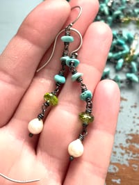 Image 4 of Lone mountain turquoise, peridot and pearl earrings