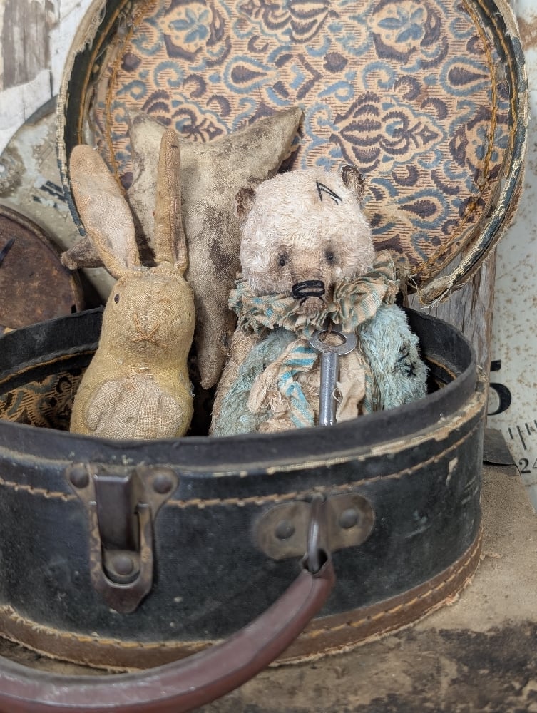 Image of  7" -Vintage Old Primitive CReAM & BluE Teddy Bear   by Whendi's Bears