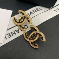 Image 2 of Black Leather Double Chanel Earrings with Pearls & Crystals