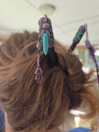 Image 6 of Beaded feather and turquoise hair stix
