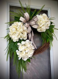 Image 2 of Cream Hydrangea Grapevine Wreath with Greenery and Gingham Bow