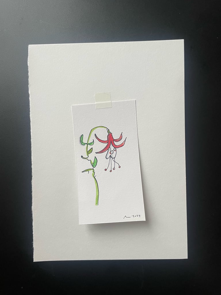 Originalzeichnung Tusche und Aquarell auf Papier  "Fuchsie"