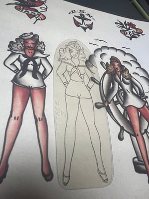 Image of Original 1950’s “Painless Nell” Bowen “Sailor Pinup” Acetate Stencil with 11x14 print.