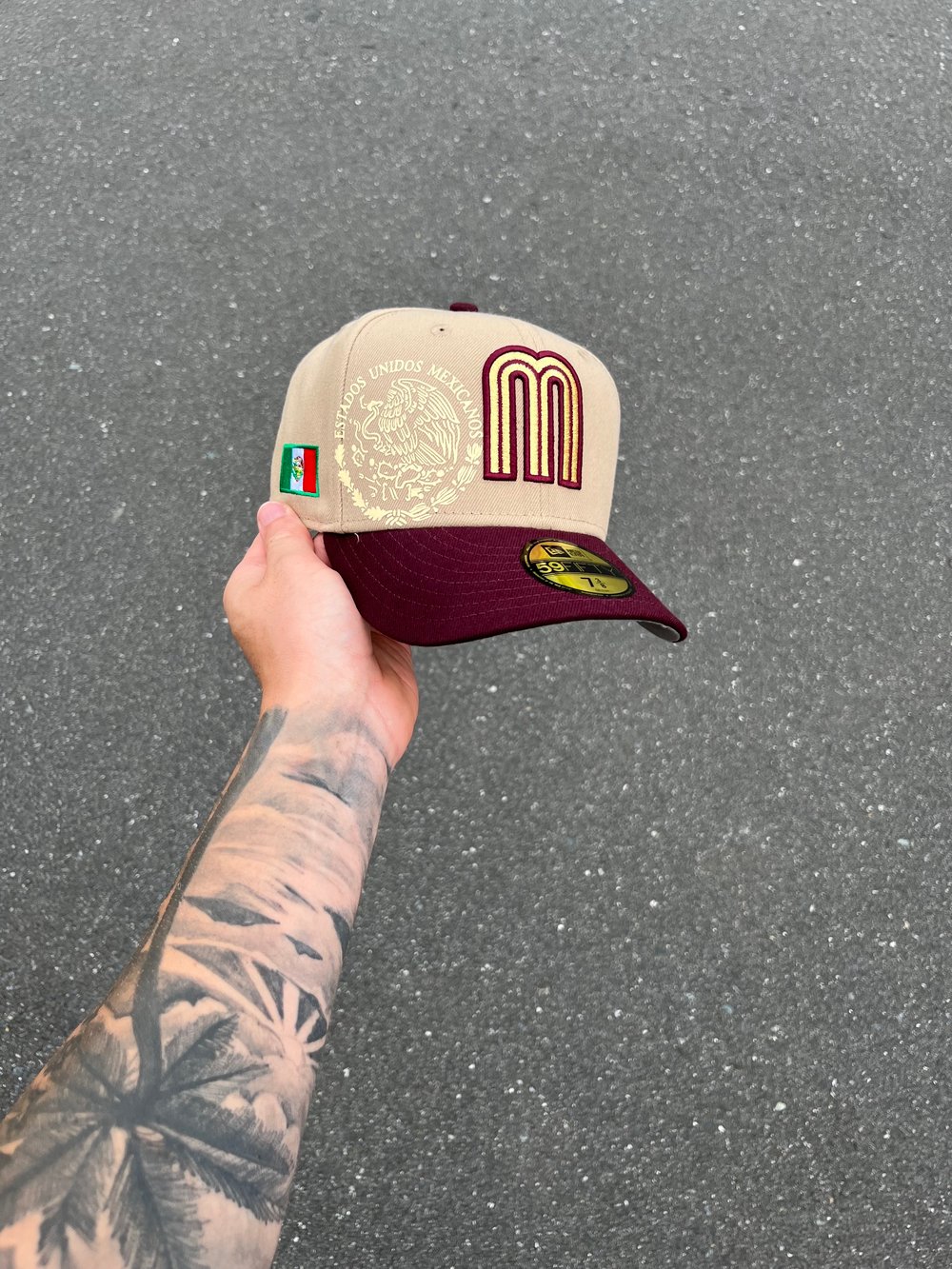 Image of TRI TONE TAN BURGUNDY MEXICO CUSTOM FITTED CAP