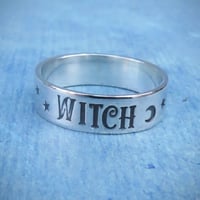 Image 1 of WITCH silver ring with star and moon stamp (capitals). Hand stamped silver 925 ring