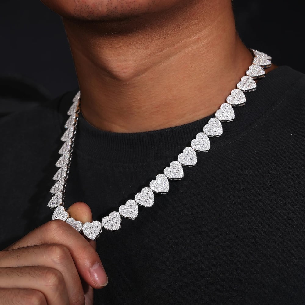 Image of 13mm 925 Sterling Silver VVS Moissanite Diamond Iced Out Heart Shape Tennis 9 inch Chain