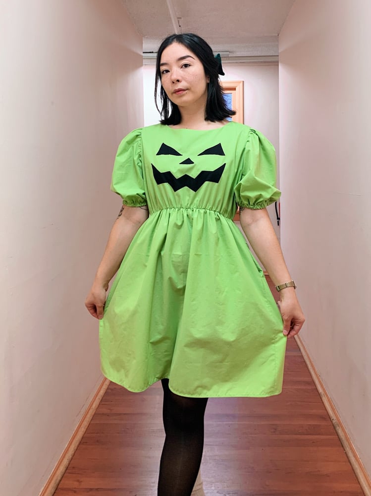 Image of MADE TO ORDER Puff Sleeve Dress — Scary Green Jack O’Lantern