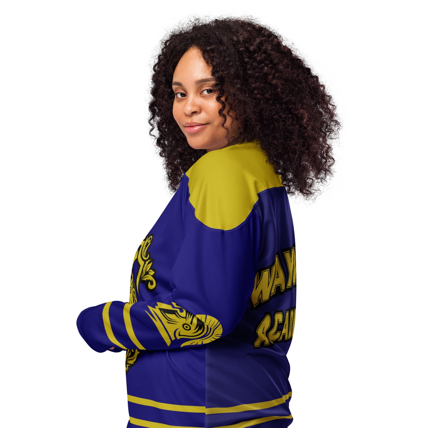 Image of Officially licensed Wayward logo gold and navy Recycled hockey fan jersey