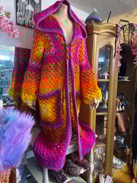 Image 1 of THE PORANGE PRINCESS - crochet art duster - pink orange yellow maxi long hooded cardigan 