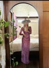 early 1970s ombre stretch velvet open back dress w slit