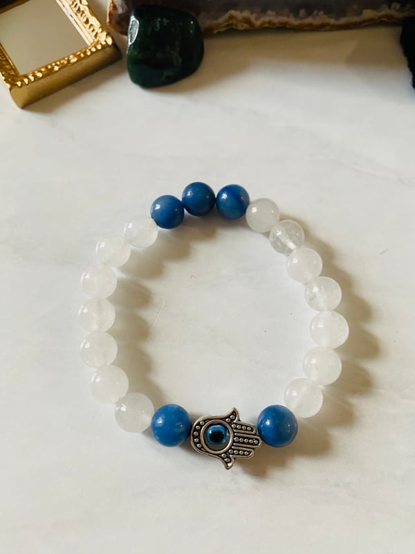 Image of 8mm Blue Aventurine & Milky Quartz with Hamsa Bracelet 