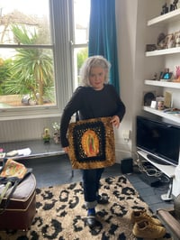 Image 9 of Virgin of Guadalupe leopard shoulder tote bag with vintage black lace trim