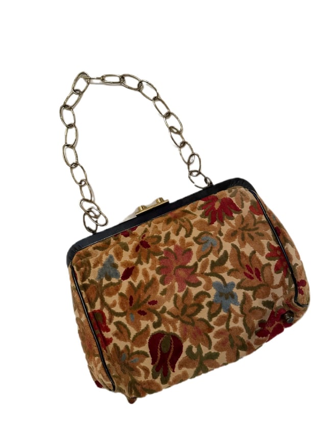 1960s velvet tapestry handbag with heavy chain strap 