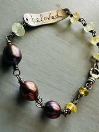 Image 8 of garnet and peacock pearl bracelet with beloved charm