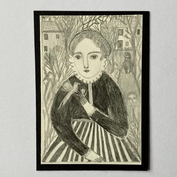 Image of Young woman with bird - October drawing