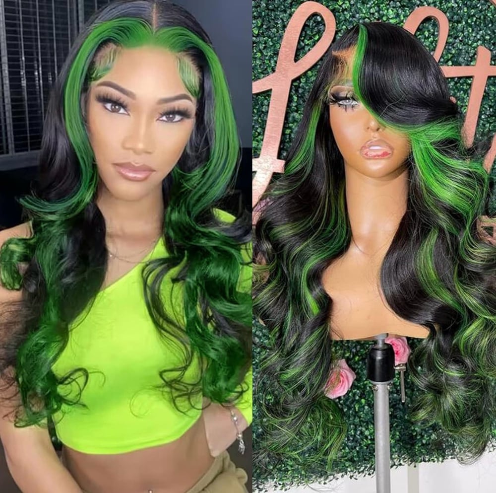 Image of Glueless 180 density Black and Green Highlight Wig Human Hair 13x4 Body Wave Frontal Wig