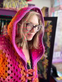 Image 4 of THE PORANGE PRINCESS - crochet art duster - pink orange yellow maxi long hooded cardigan 