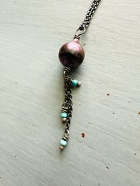 Image 13 of peacock pearl pendant with Kingman turquoise fringe