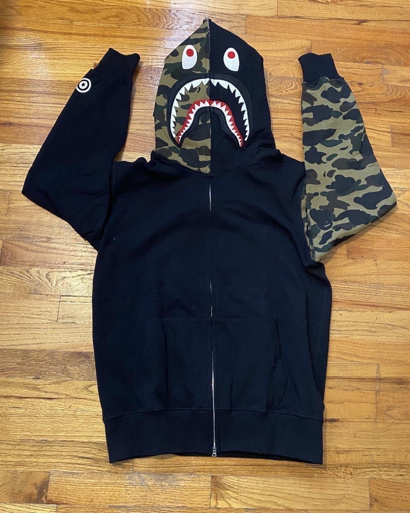 BAPE Shark Zip Up Hoodie with Camo Sleeve killtheape