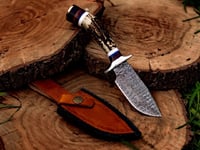 Image 4 of 9" Handmade Damascus Steel Skinner Knife with Elk Antler Handle & Cowhide Leather Sheath