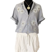 Image 1 of Light Blue Folk Embroidered Floral Cotton Linen Button-Up Shirt - Size L Men’s 