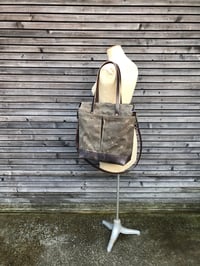 Image 2 of Waxed canvas tote bag / office bag with leather bottom handles and shoulder strap