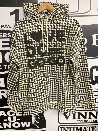 Image of LOVE DC GOGO MITCHCRAFT HOUNDSTOOTH Hood (black puff lettering)
