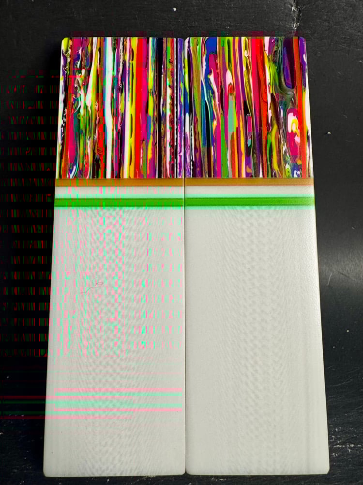 Image of @Kaoticartworks Resin & White Faux Ivory GLOW Segmented Knife Scales