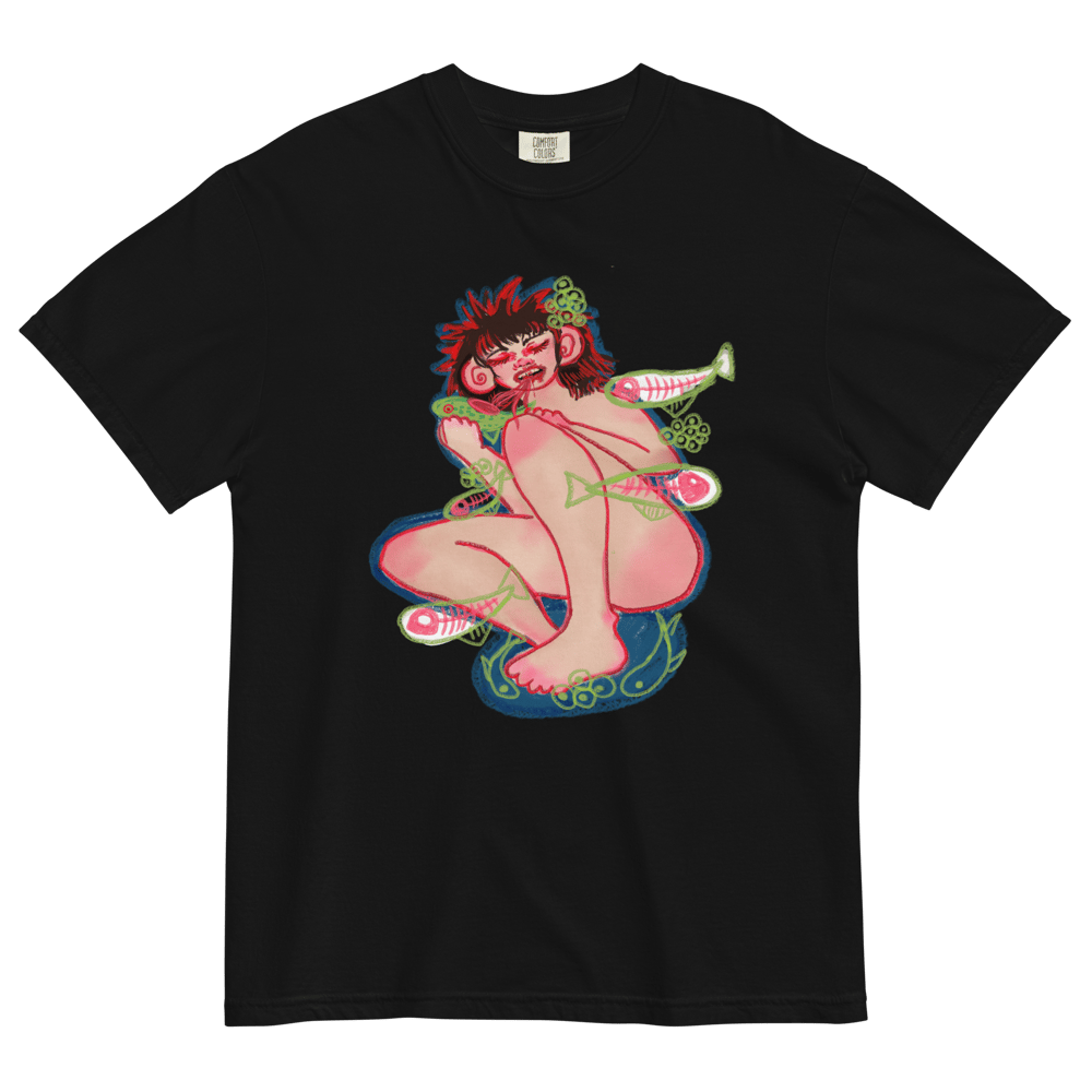 GIRL EATING FISH UNISEX HEAVYWEIGHT TSHIRT