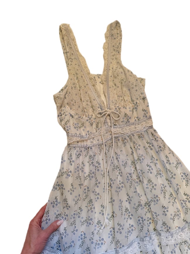 70s Gunne Sax lace up prairie corset sun dress 11 medium small calico white 