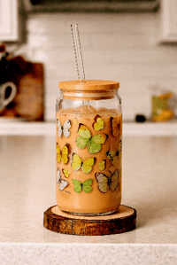 Image 5 of Yellow Butterflies Glass Can – 16 oz  with Bamboo Lid & Glass Straw