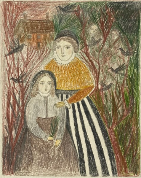 Image of Woman and girl with a gathering of birds - original drawing 