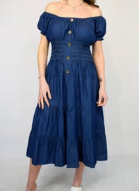 Image 2 of Button Front Bardot Denim Midi Dress
