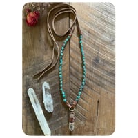 Image 3 of The Ariella Necklace - Turquoise Nuggets Clear Quartz and Chestnut Brown Leather