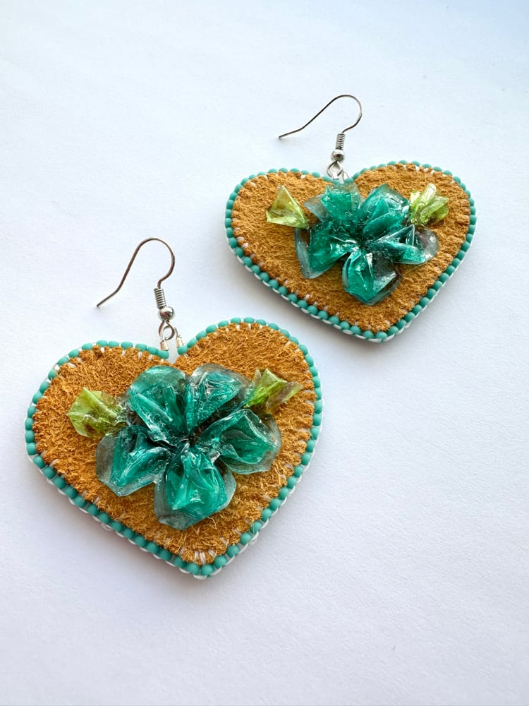 Image of Heart Shaped Teal Fish Scale Earrings