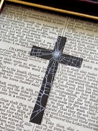 Image 2 of " 2 way Crucifix" 1800's bible page with preserved spider web 4