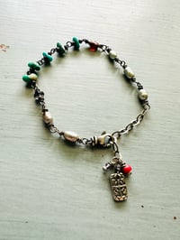 Image 1 of silvery pearl and turquoise nugget charm bracelet with adjustable chain