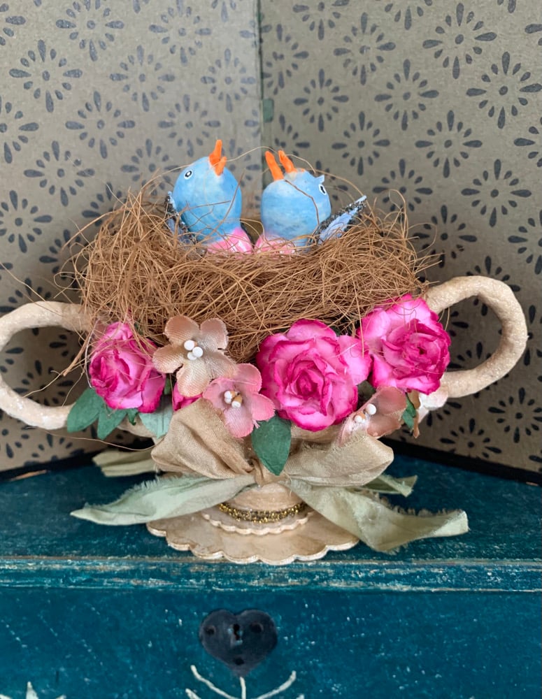 Image of Spun Cotton Birds in Floral Nest