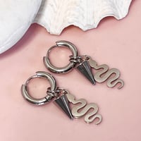 Image 3 of Double Huggie hoops - silver with snake and spike