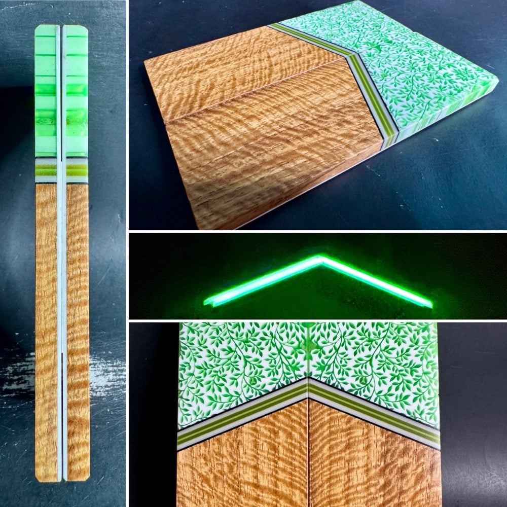 Image of @Kaoticartworks Resin & Curly Narra GLOW Segmented Knife Scales