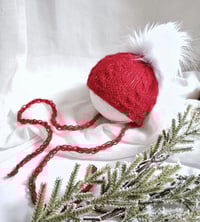 Image 1 of Newborn knitted hat for photoshoot | red and white | with pompom | dark red | Christmas| winter