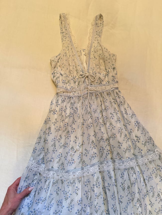 70s Gunne Sax lace up prairie corset sun dress 11 medium small calico white 