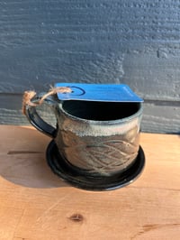 Image 1 of M49 Small Mug Black Speckles With Pinkish Blue Lip +Saucer