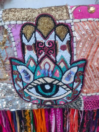 Image 5 of FRILL body cross Sari bag with HAMSA Hand detail 