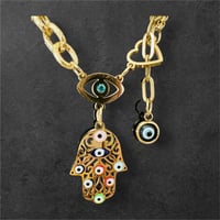 Image 6 of Hamsa Palm Shaped Colored Oil  Evil Eye Style Stainless Steel Necklace
