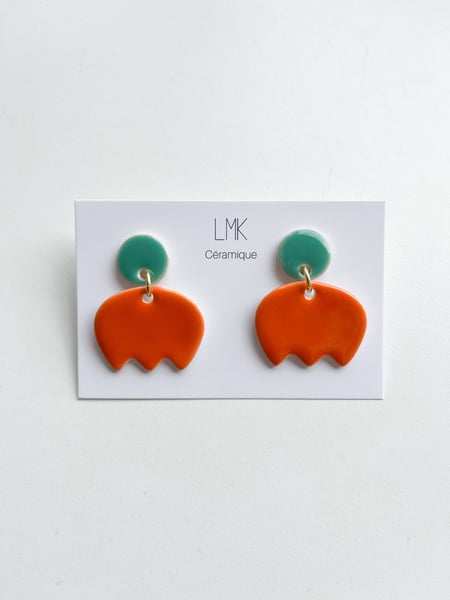 Image of Paire de boucles d'oreilles céramique TULIPA lagon foncé et orange